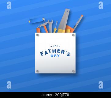 Happy Feathers Day, biglietto d'auguri con spazio d'autore bianco e colorato cassetta degli attrezzi in 3d per una speciale festa di famiglia o un regalo per papà. Anche lavorando Illustrazione Vettoriale