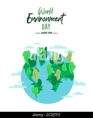 Giornata mondiale dell'ambiente illustrazione della terra verde per il 5 giugno vacanza natura. Pianeta pulito con alberi e acqua blu in stile cartoon piano. Illustrazione Vettoriale