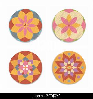 Astratto indiano mandala o geometria sacra decorazione insieme con cerchio di fiori colorato e trendy trama di vernice su sfondo bianco isolato. Illustrazione Vettoriale
