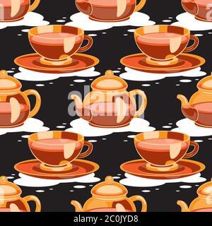 Modello senza cuciture di teiera e tazza con piatto su sfondo nero. Immagine vettoriale Illustrazione Vettoriale