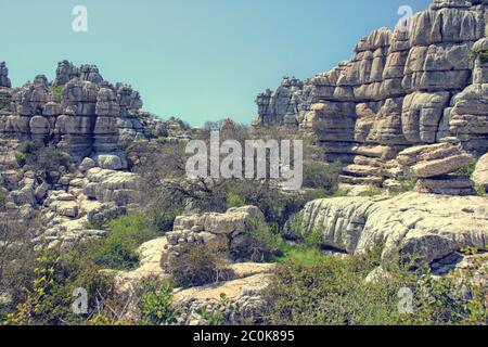 El Torcal de Antequera è una riserva naturale nella catena montuosa della Sierra del Torcal, nel sud della Spagna. È conosciuta per le sue forme disagiose, ed è una riserva naturale Foto Stock