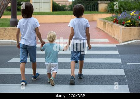 Tre bambini, ragazzi, fratelli, tenendo le mani e attraversando una strada su una passerella a strisce, controllare le auto prima, sicurezza che attraversa la strada sommma Foto Stock