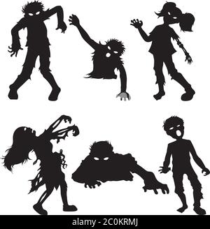 Set di zombie maschio e femmina di silhouette nere Illustrazione Vettoriale