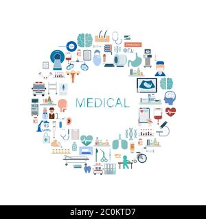 Concetto medico con icone mediche disegno piatto illustrazione vettoriale Illustrazione Vettoriale