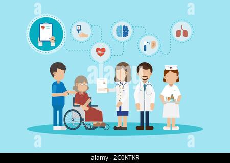 Concetto di cura degli anziani con personale medico curarsi dell'illustrazione vettoriale dei pazienti anziani Illustrazione Vettoriale