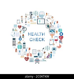 Concetto di controllo di salute con icone mediche disegno piatto illustrazione vettoriale Illustrazione Vettoriale