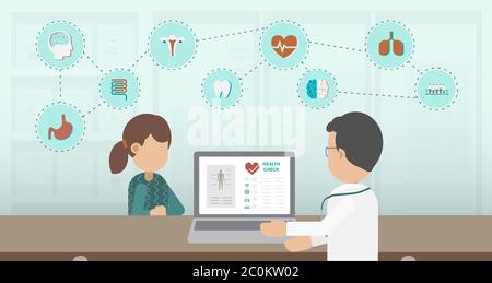 Concetto di controllo di salute con medico e icone disegno piatto illustrazione vettoriale Illustrazione Vettoriale