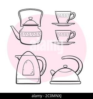 Set per la preparazione di tè e caffè. Teiera ornata, tazza per latte e acqua, tazza per tè e caffè, macchina per il caffè. Doodle ha delineato la collezione di stile. Set 2 di 5. Illustrazione Vettoriale