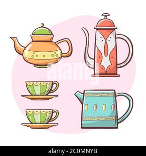 Set di teiera. Teiera ornata, tazza di latte, tazze per caffè e tè. Collezione di colori disegnati a mano. Set 3 di 5. Illustrazione Vettoriale