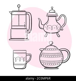 Set per la preparazione di tè e caffè. Teiera ornata, macchina per il caffè, caffè e tea Cup. Doodle ha delineato la collezione di stile. Set 4 di 5. Illustrazione Vettoriale