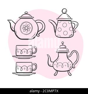 Set di teiera. Carino teiera ornata, tazza di latte, caffè e tazzine. Doodle ha delineato la collezione di stile. Set 5 di 5. Illustrazione Vettoriale