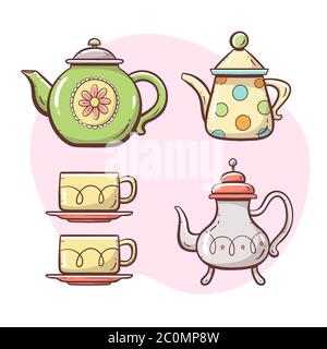 Set di teiera. Carino teiera ornata, tazza di latte, caffè e tazzine. Collezione di colori disegnati a mano. Set 5 di 5. Illustrazione Vettoriale