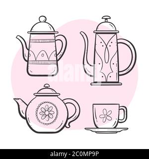 Set di teiera. Teiera ornata, tazza di latte, caffè e tazza da tè. Doodle ha delineato la collezione di stile. Set 1 di 5. Illustrazione Vettoriale