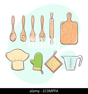 Utensili da cucina. Raccolta di utensili da cucina per cucinare, servire, mescolare e tagliare. Collezione di colori disegnati a mano. Illustrazione Vettoriale