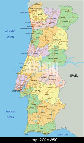 Portogallo - Mappa politica modificabile e molto dettagliata con etichettatura. Illustrazione Vettoriale