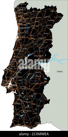 Mappa stradale dettagliata del Portogallo con etichettatura. Illustrazione Vettoriale