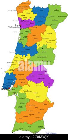 Mappa politica del Portogallo colorata con strati chiaramente etichettati e separati. Illustrazione vettoriale. Illustrazione Vettoriale