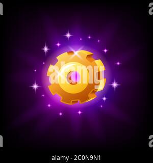 Impostazioni ingranaggio interfaccia di gioco icona su sfondo nero. Elemento di applicazione mobile della ruota dentata. Illustrazione vettoriale in stile cartoon Illustrazione Vettoriale