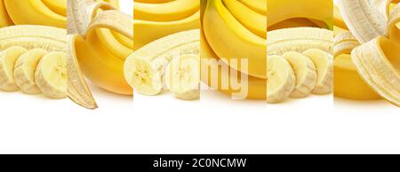 Banana isolata su fondo bianco, intera e tagliata a fette Foto Stock