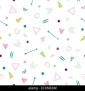 Ripetizione astratta senza giunture con triangoli, frecce e punti in colori pastello. Perfetto per tessuti folk moderni, carta da parati e interni. Illustrazione Vettoriale