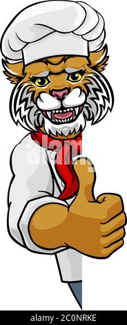 Wildcat Chef Mascot Sign Cartoon personaggio Illustrazione Vettoriale