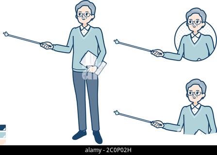 Uomo anziano con spiegazione con un'immagine puntata. È arte vettoriale, quindi è facile da modificare. Illustrazione Vettoriale