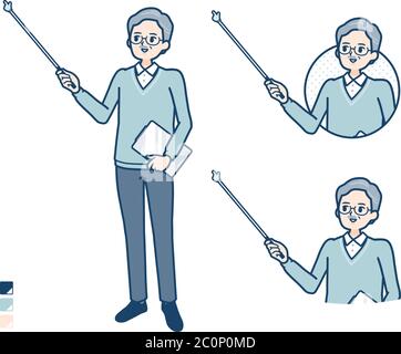 Uomo anziano con spiegazione con un'immagine puntata. È arte vettoriale, quindi è facile da modificare. Illustrazione Vettoriale