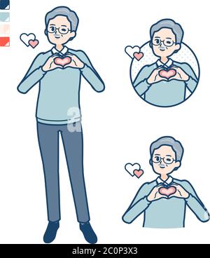 Uomo anziano con fare un simbolo del cuore dalle immagini della mano. È arte vettoriale, quindi è facile da modificare. Illustrazione Vettoriale