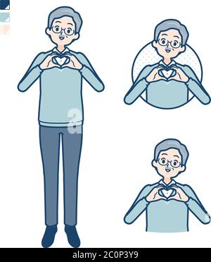 Uomo anziano con fare un simbolo del cuore dalle immagini della mano. È arte vettoriale, quindi è facile da modificare. Illustrazione Vettoriale