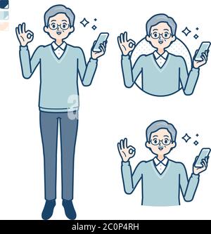 Senior Man con tenere uno smartphone e fare un OK segno immagini. È arte vettoriale, quindi è facile da modificare. Illustrazione Vettoriale