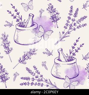 Vintage motivo senza cuciture con fiori di lavanda e farfalle. Ingredienti per la spa e l'aromaterapia. Sfondo disegnato a mano Foto Stock