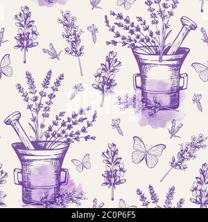 Vintage motivo senza cuciture con fiori di lavanda e farfalle. Ingredienti per la spa e l'aromaterapia. Sfondo disegnato a mano Foto Stock