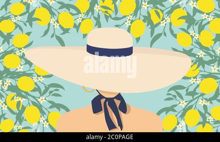 Signora con cappello in limone albero e fiori sfondo. Illustrazione vettoriale di donna in fondo floreale. Illustrazione Vettoriale
