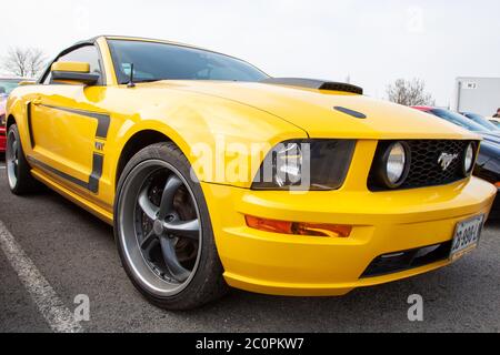 Bordeaux , Aquitaine / Francia - 06 10 2020 : Ford Mustang boss 302 gt auto gialla convertibile vista frontale Foto Stock