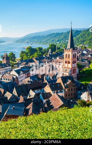 Antenna di Bacharach vista panoramica. Bacharach è un piccolo paese della valle del Reno nella Renania-Palatinato, Germania Foto Stock