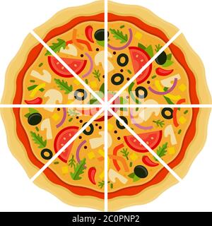 Pizza messicana tagliata in pezzi piatto icona vettore isolato Illustrazione Vettoriale