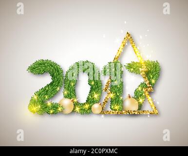 2017 valore numerico da rami di abete con albero di natale e palla in oro astratto. Illustrazione Vettoriale