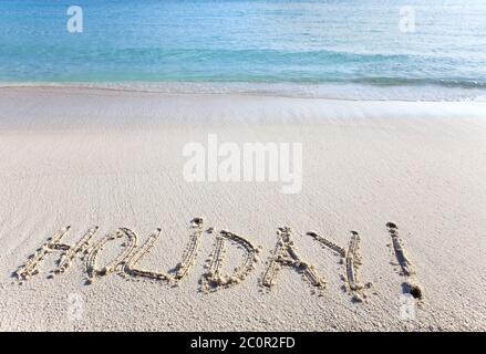 Sulla sabbia al bordo dell'oceano è vacanza scritta Foto Stock