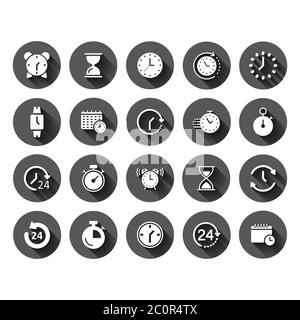 Icona tempo impostata in stile piatto. Immagine vettoriale dell'orologio dell'agenda su sfondo nero rotondo con effetto di ombra lungo. Sandglass, orologio da polso timer cerchio bu Illustrazione Vettoriale