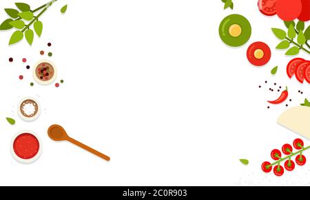 Ingredienti per cucinare la pizza margherita. Illustrazioni piatte vettoriali. Prodotti e strumenti per la cottura della pizza con spazio per il testo. Illustrazione Vettoriale