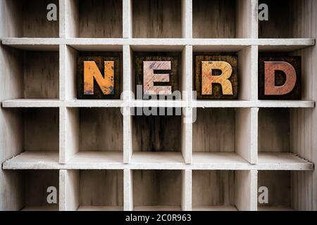 NERD Concept Letterpress in legno tipo in cassetto Foto Stock