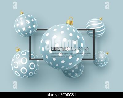 Baubles blu di Natale con motivo geometrico. stile 3d realistico con cornice nera, sfondo astratto delle vacanze, illustrazione vettoriale. Illustrazione Vettoriale