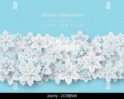 Sfondo natalizio con fiocchi di neve decorativi 3d Illustrazione Vettoriale