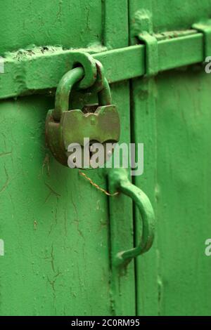 La serratura arrugginita su una porta verde Foto Stock