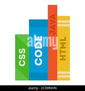 Diversi libri di programmazione a colori con testo CSS, CODICE, JAVA, HTML flat Icon vettore isolato. Illustrazione Vettoriale