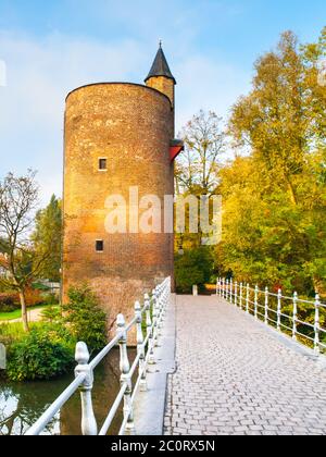 Vecchia torre di pietra sul lago Minnewater, noto anche come lago d'amore, a Bruges, Belgio. Foto Stock
