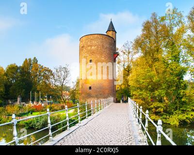 Vecchia torre di pietra sul lago Minnewater, noto anche come lago d'amore, a Bruges, Belgio. Foto Stock