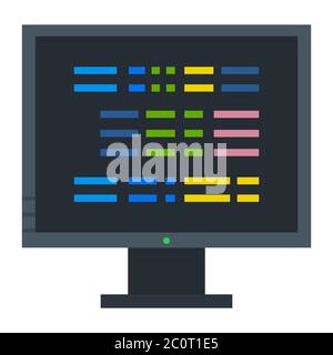 Schermo monitor computer con righe di codice programma vettore icona piatta isolato. Illustrazione Vettoriale