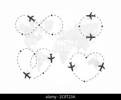 Aeroplano percorso punteggiato, icona set. Piano silhouette e la traiettoria di volo. Percorso ad anello di direzione, la forma del cuore, cerchio, simbolo di infinito. Logo vettoriale concetto. Illustrazione Vettoriale