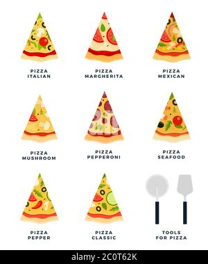 Impostare le icone piatte vettoriali con diverse varietà di pizza. Strumenti per pizza. Vista dall'alto. Illustrazione Vettoriale